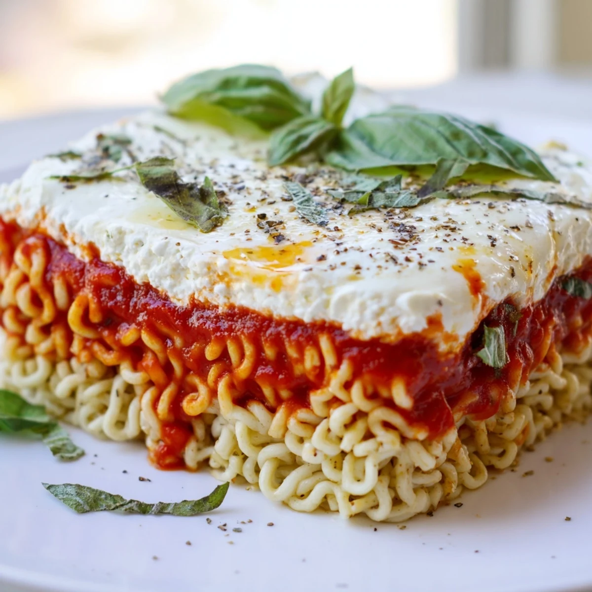 Bubbling, golden-brown Ramen Lasagna, a cheesy and comforting fusion dish ready to serve.