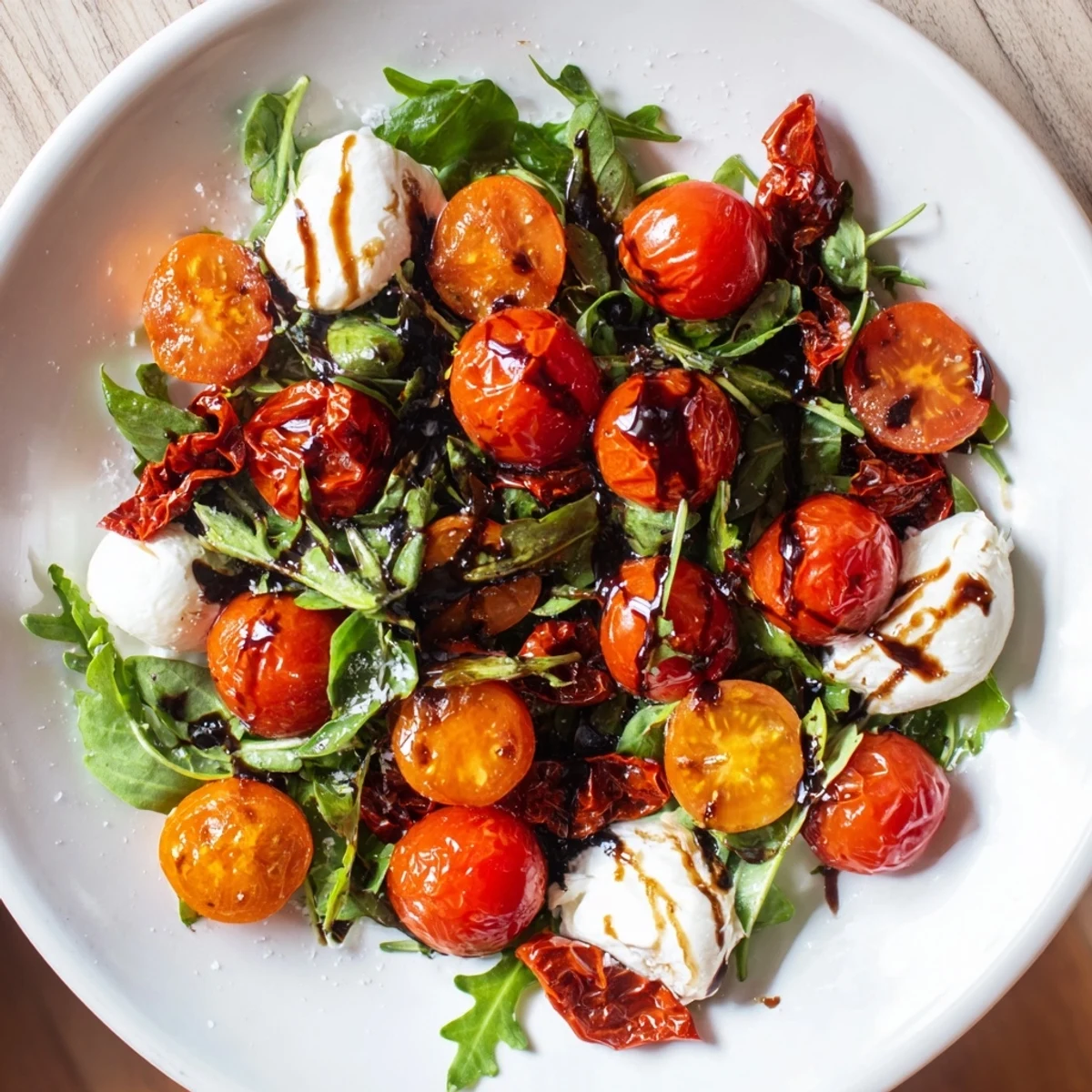 Vibrant Tomato Flight Salad with roasted tomatoes, creamy burrata, and fresh basil, a delicious Italian-inspired starter.