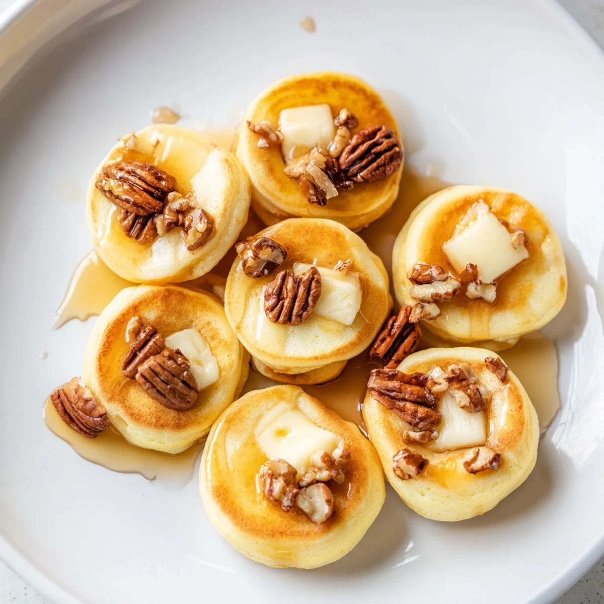 Golden, baked Pancake Brie Bites, boasting melted brie inside, ready to serve for brunch.