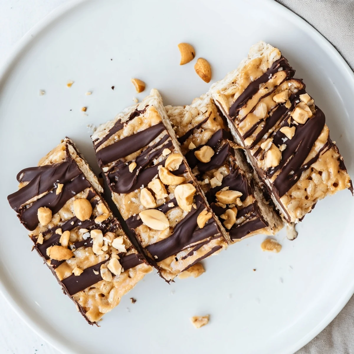 These Peanut Butter Chocolate Rice Cakes feature a dark chocolate topping with coarse sea salt and crunchy peanuts.