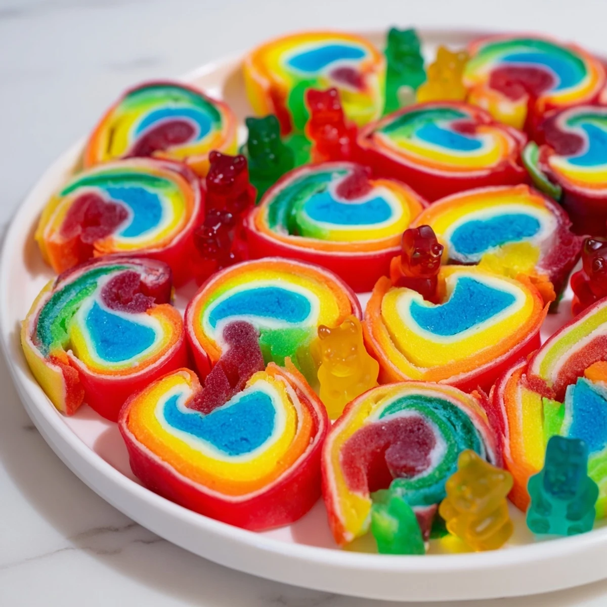 Sweet Rainbow Candy Roll Ups, bursting with gummy bears within colorful fruit roll-up spirals, ready to be enjoyed.