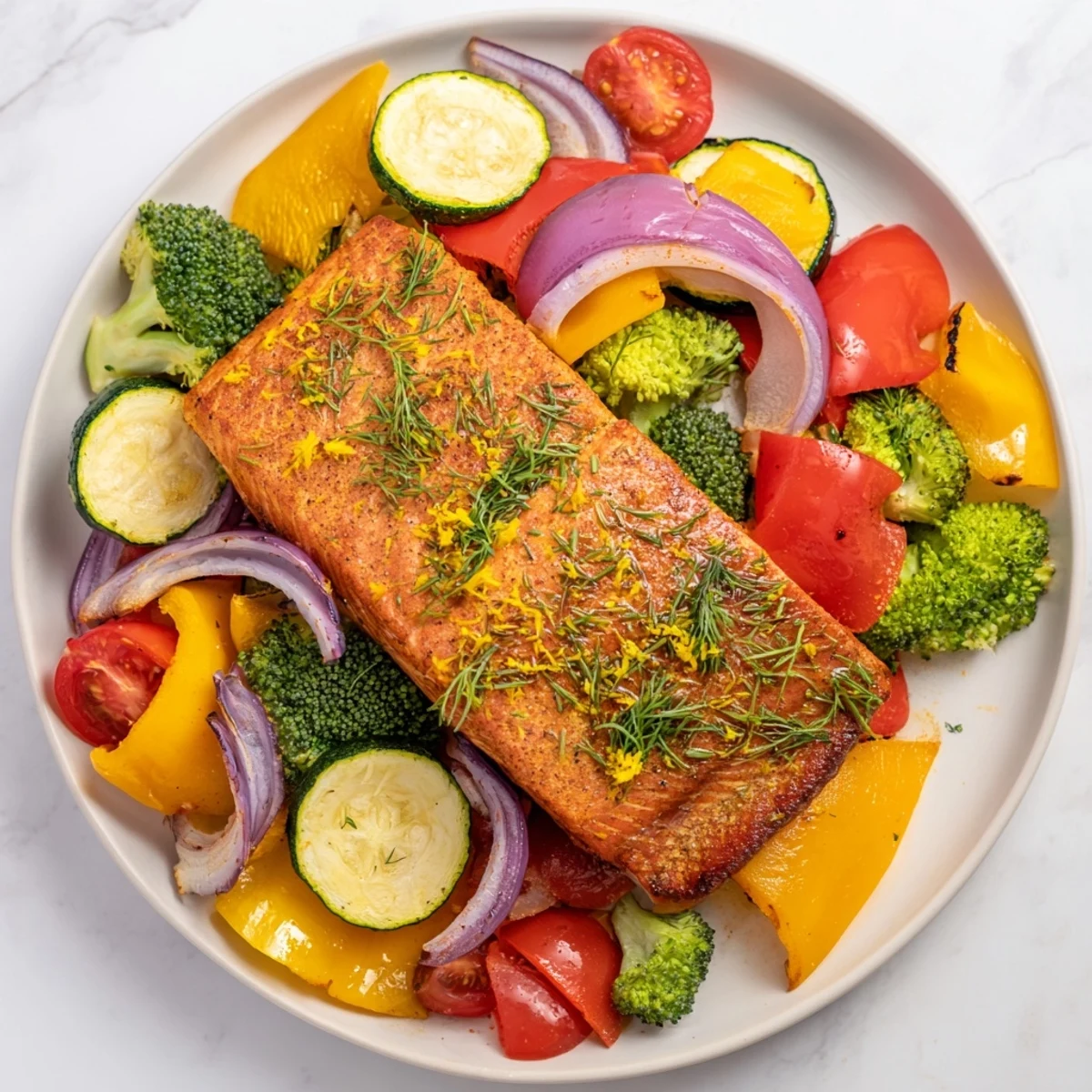 Tender salmon sheet pan bake with roasted vegetables, a healthy, colorful, and delicious American dinner.