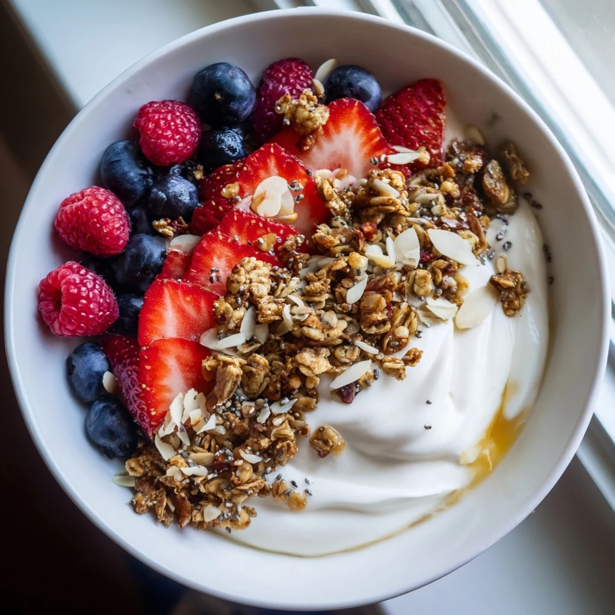 Dry yogurt bowl with vibrant berries and crunchy granola ready to eat this morning.