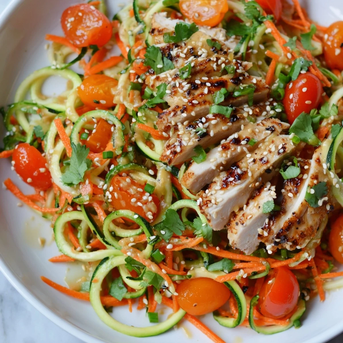A close-up of vibrant Protein Cucumber Salad with grilled chicken and sesame dressing.