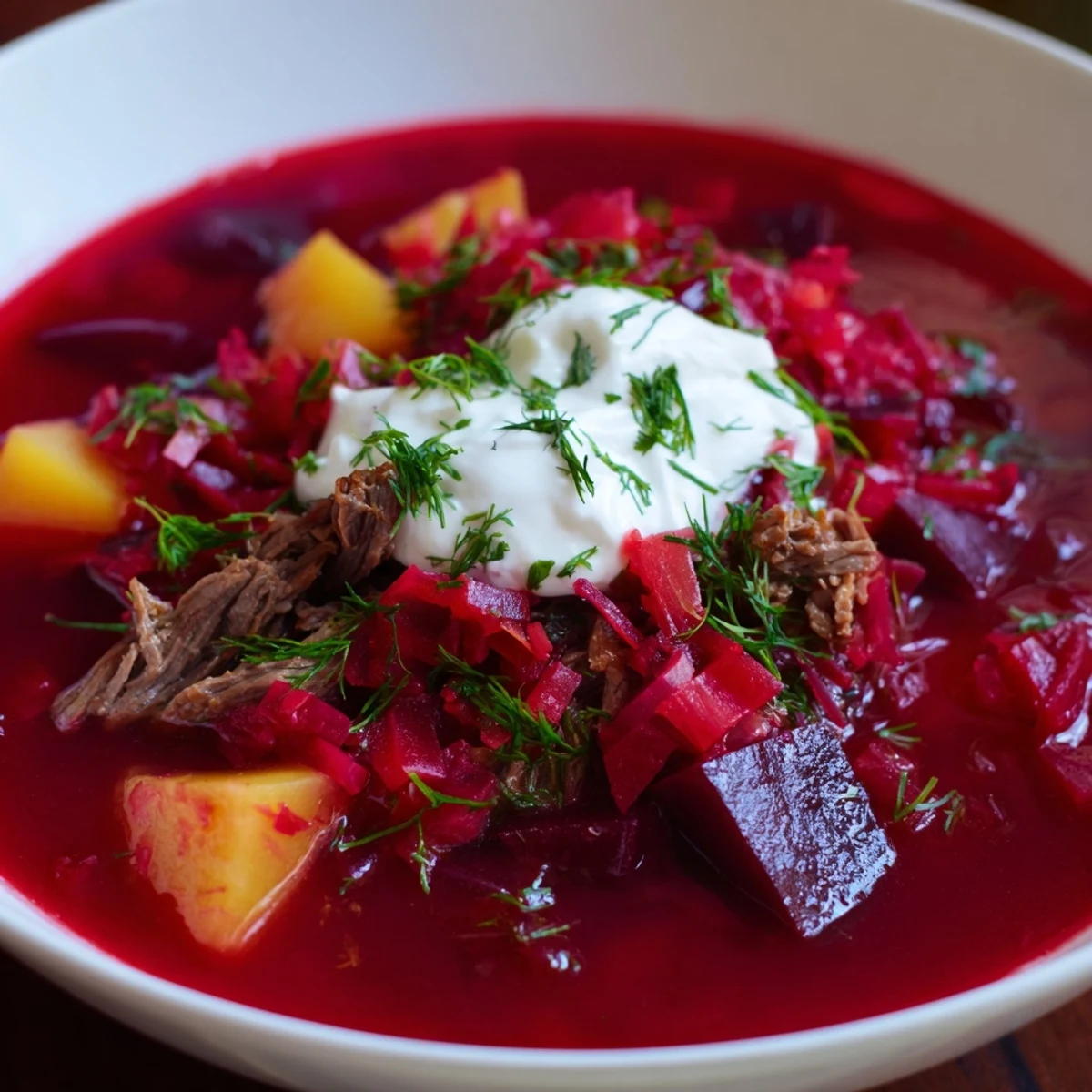 A steaming bowl of Ukrainian Borscht Soup, rich with beets, beef, and a swirl of creamy sour cream.