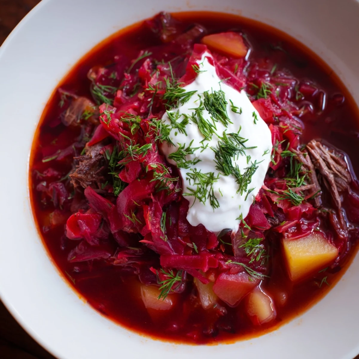 Close-up of hearty Ukrainian Borscht Soup, bursting with color and flavor, ready to warm you up.