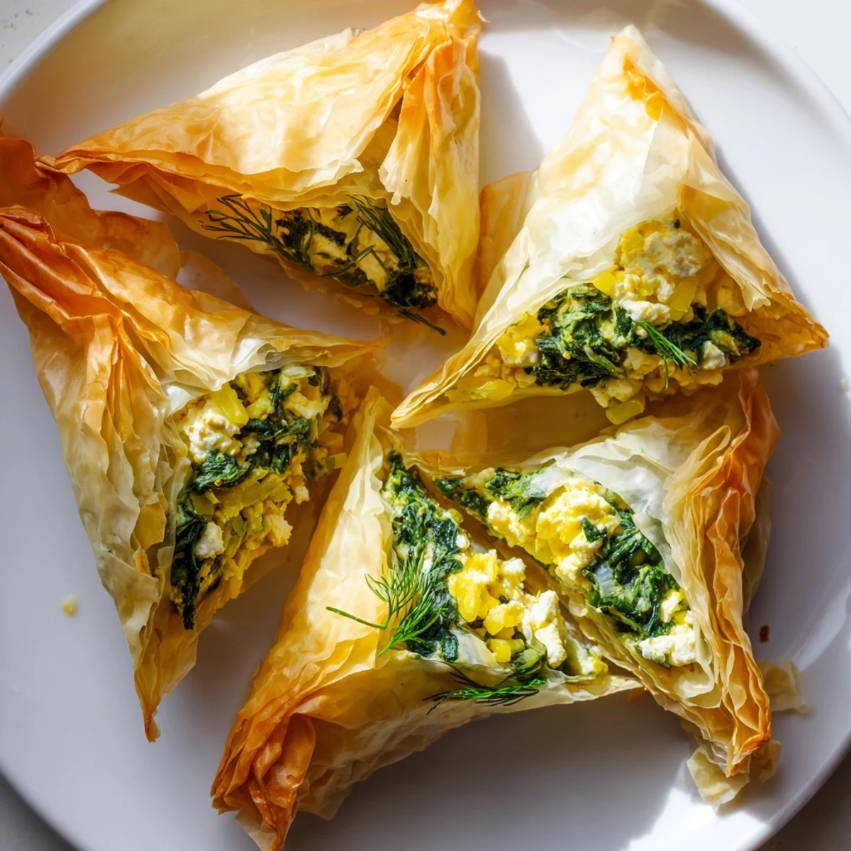 Golden, flaky Greek Spanakopita, with a savory spinach and feta filling, ready to serve warm.