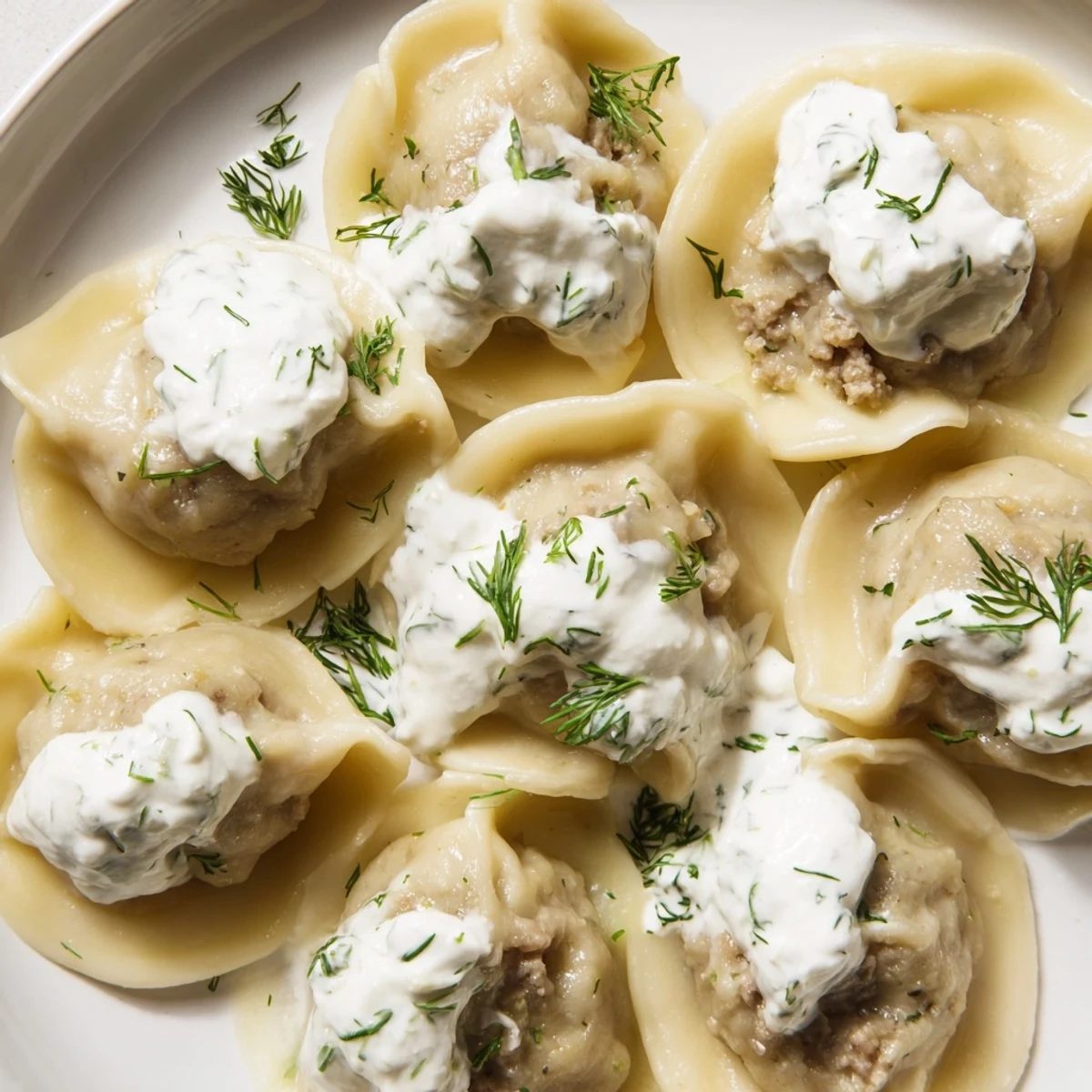 Steaming hot Russian Pelmeni, perfectly round and savory, swimming in a creamy sour cream sauce.
