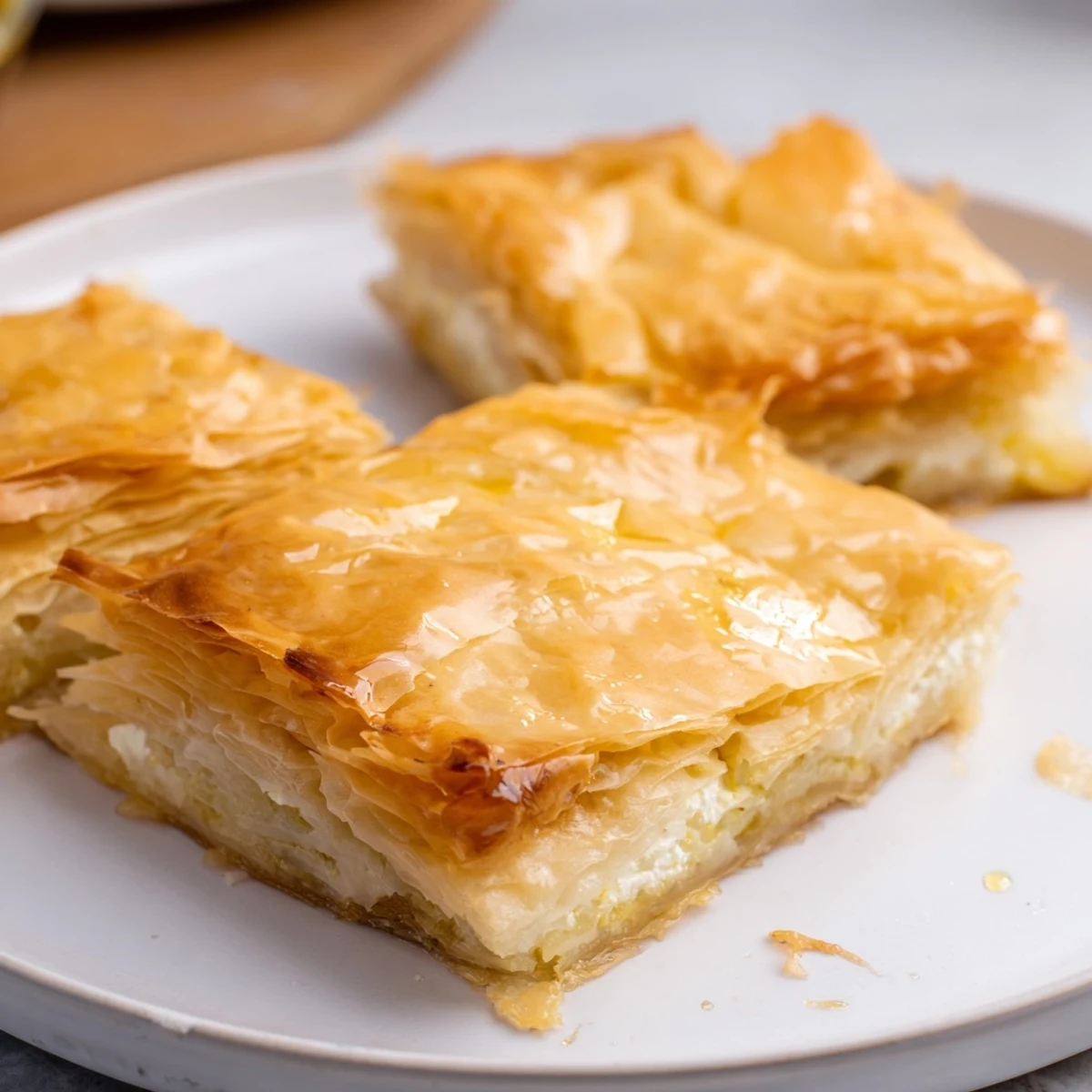 Bulgarian Banitsa, a golden-brown baked pastry, displays flaky layers with a savory feta filling.