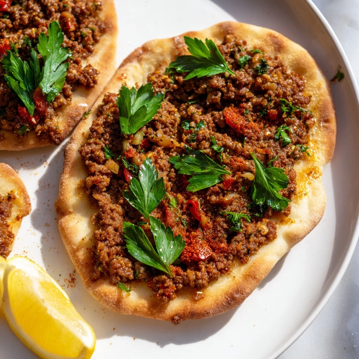 Crispy-edged Turkish Lahmacun showcases savory meat topping; imagine the delicious aroma of baking flatbread.