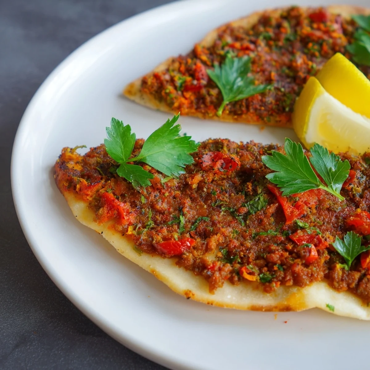 Golden-brown Turkish Lahmacun with spiced meat, fresh herbs, and vegetables ready to eat with lemon wedges.