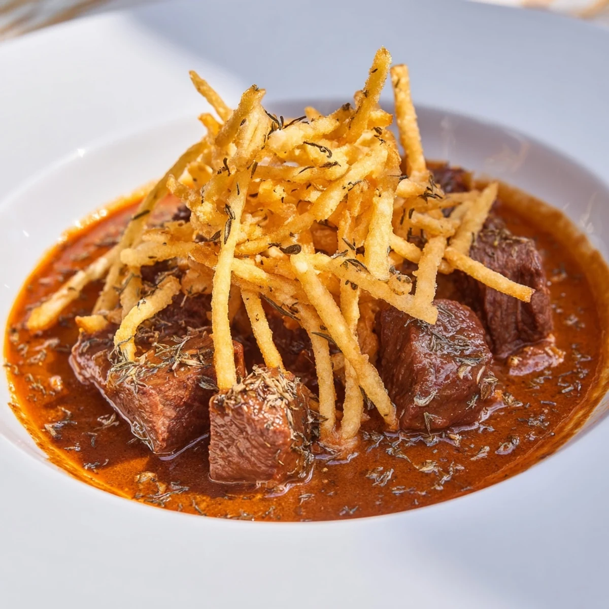 Golden, crispy potato strips alongside a hearty serving of flavorful Czech Goulash Potato cooked low and slow.