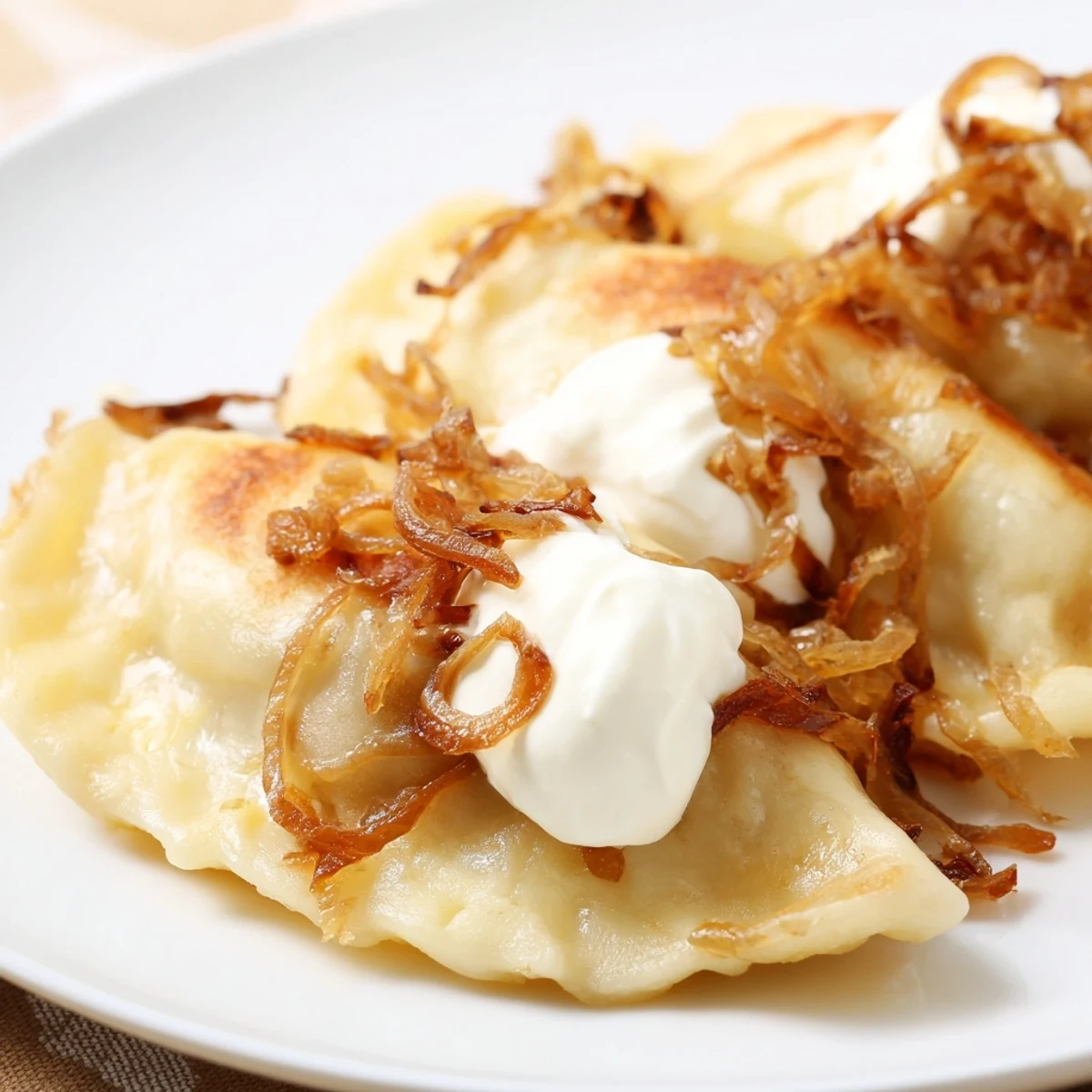 Fluffy boiled Polish pierogi, filled with potato and cheese, topped with sweet caramelized onions.