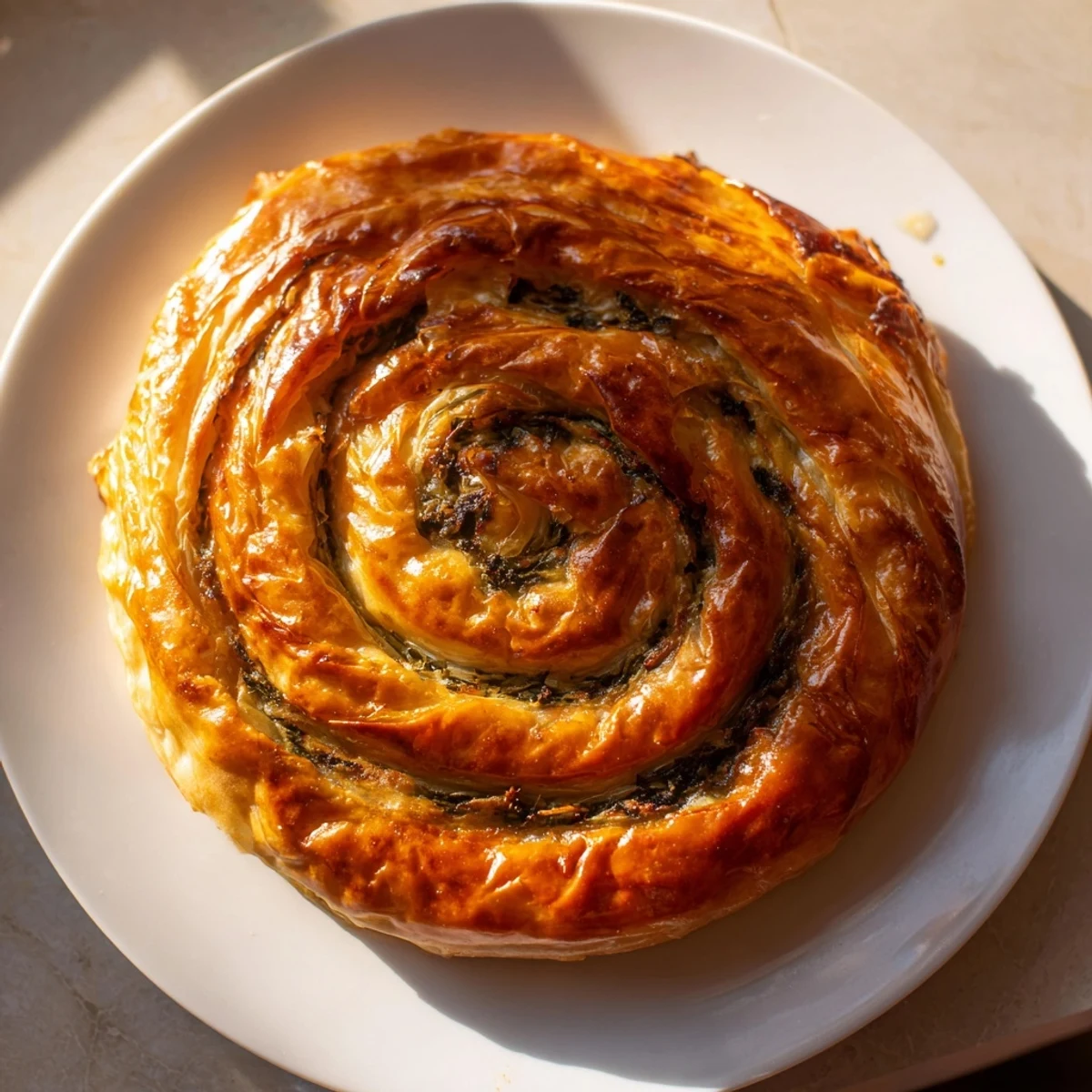 Golden, flaky Bosnian Burek pastry spiral, filled with savory seasoned ground beef and spinach.