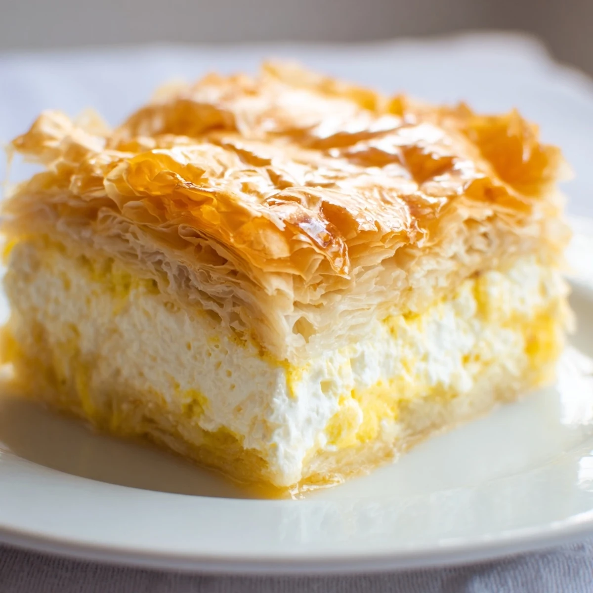 Golden, flaky Serbian Gibanica pie showing layers of cheese and phyllo, perfect for a hearty brunch.