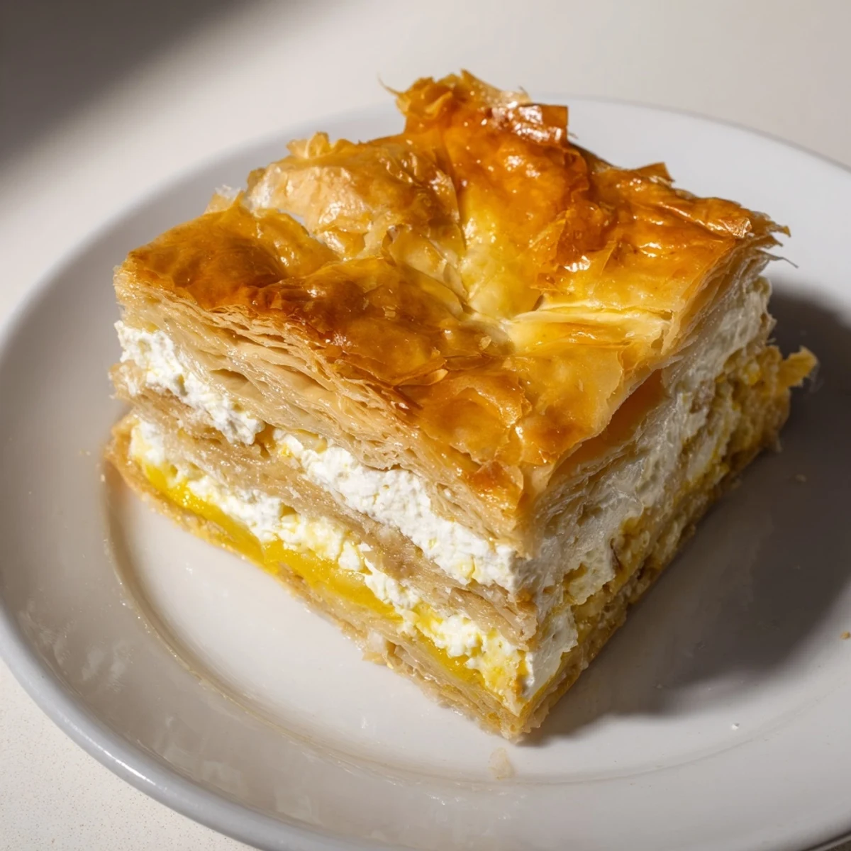 Crispy-topped Serbian Gibanica with melted cheese and savory flavors, ideal for sharing with friends.