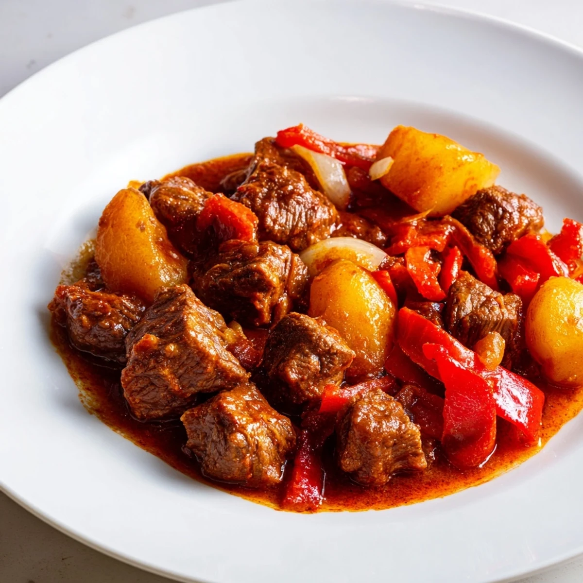 A steaming bowl of Hungarian Goulash Stew, showcasing tender beef and vibrant vegetables, ready to eat.