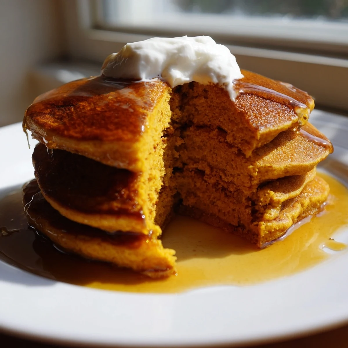 Fluffy pumpkin spice pancakes stacked high, drizzled with maple syrup and topped with a pat of butter for a cozy breakfast.