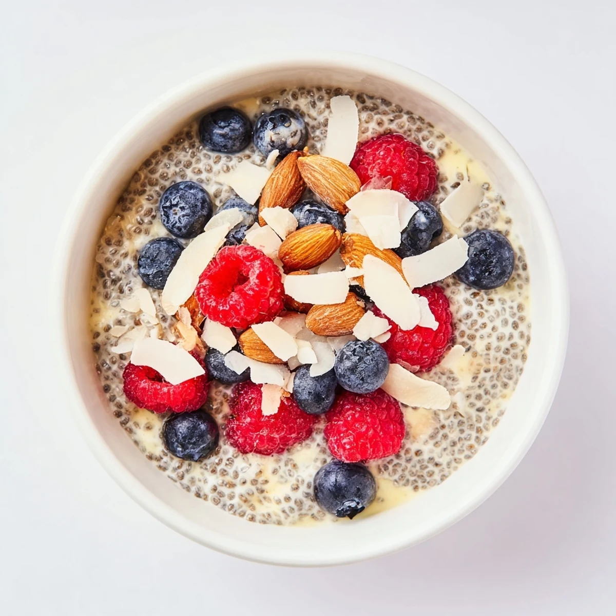 Overnight chia seed pudding layered with mango, banana slices, and crunchy chopped nuts.