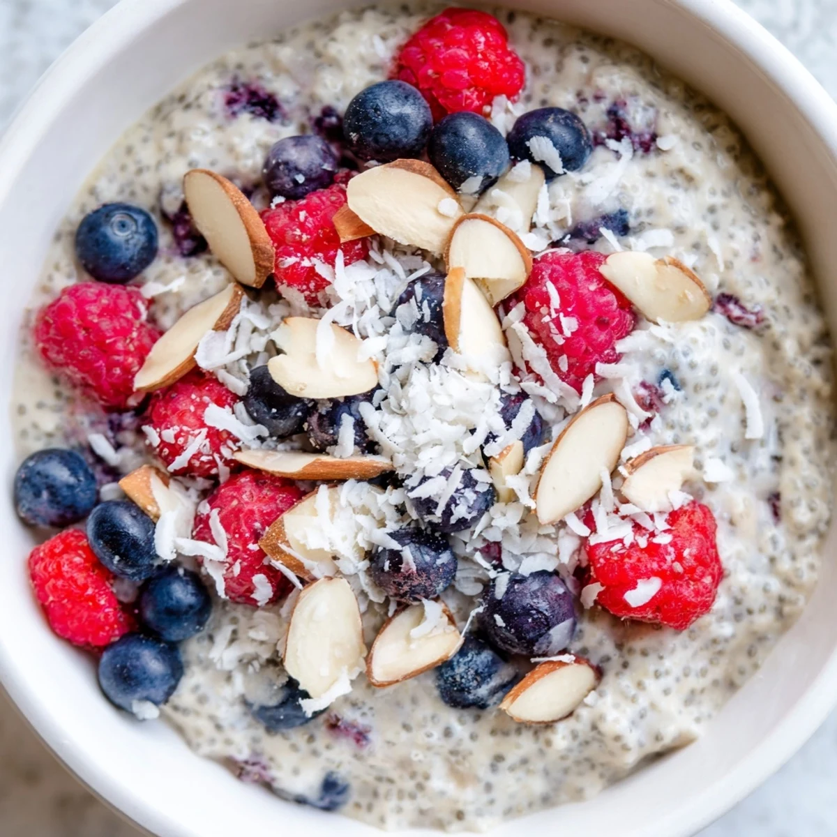Smooth chia seed pudding with maple and vanilla, served in a bowl with mixed fruit.