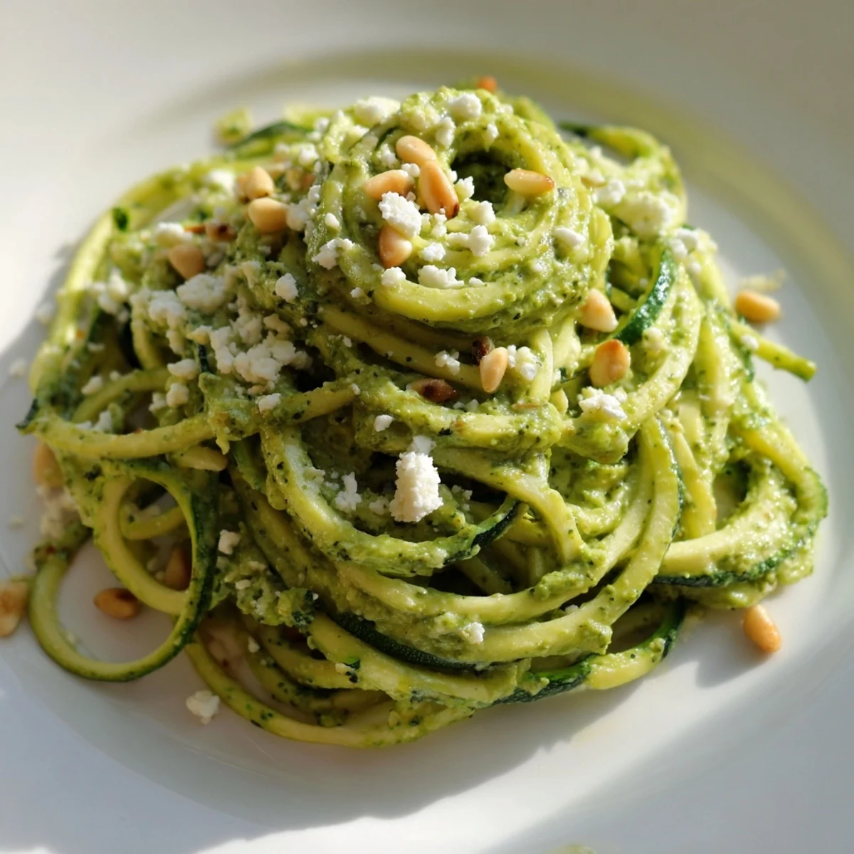 Zucchini noodles tossed in fresh tomato basil sauce, topped with grated Parmesan, served warm in a white pasta bowl.