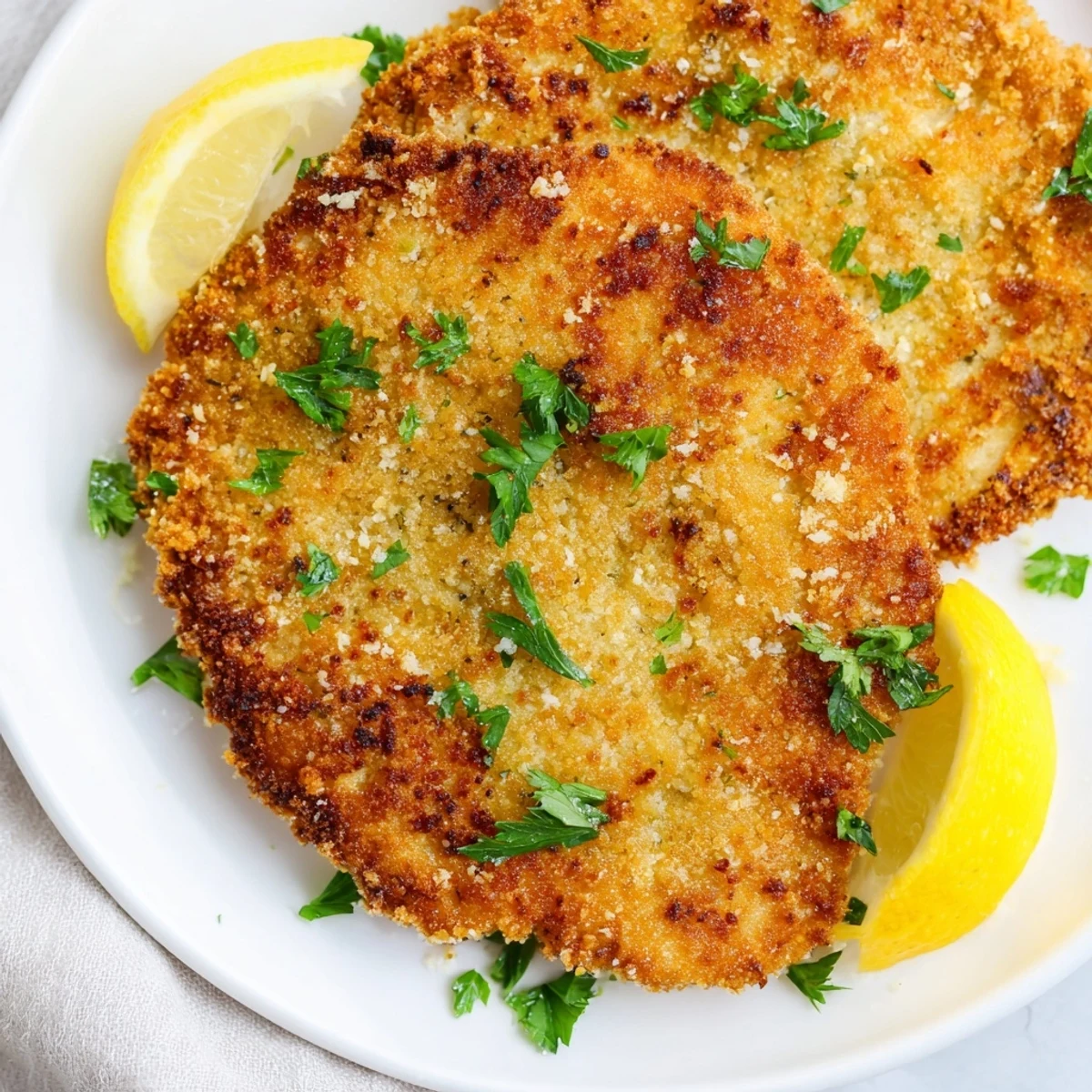 Golden-brown crispy Parmesan chicken cutlet resting on a plate with fresh parsley and lemon wedges.