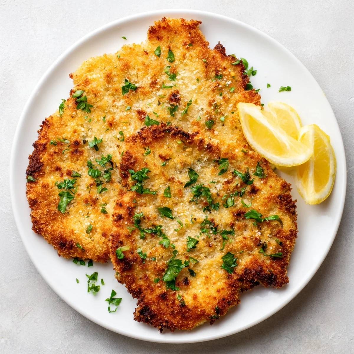 Freshly fried crispy Parmesan chicken cutlet, garnished with herbs and ready to be enjoyed hot.