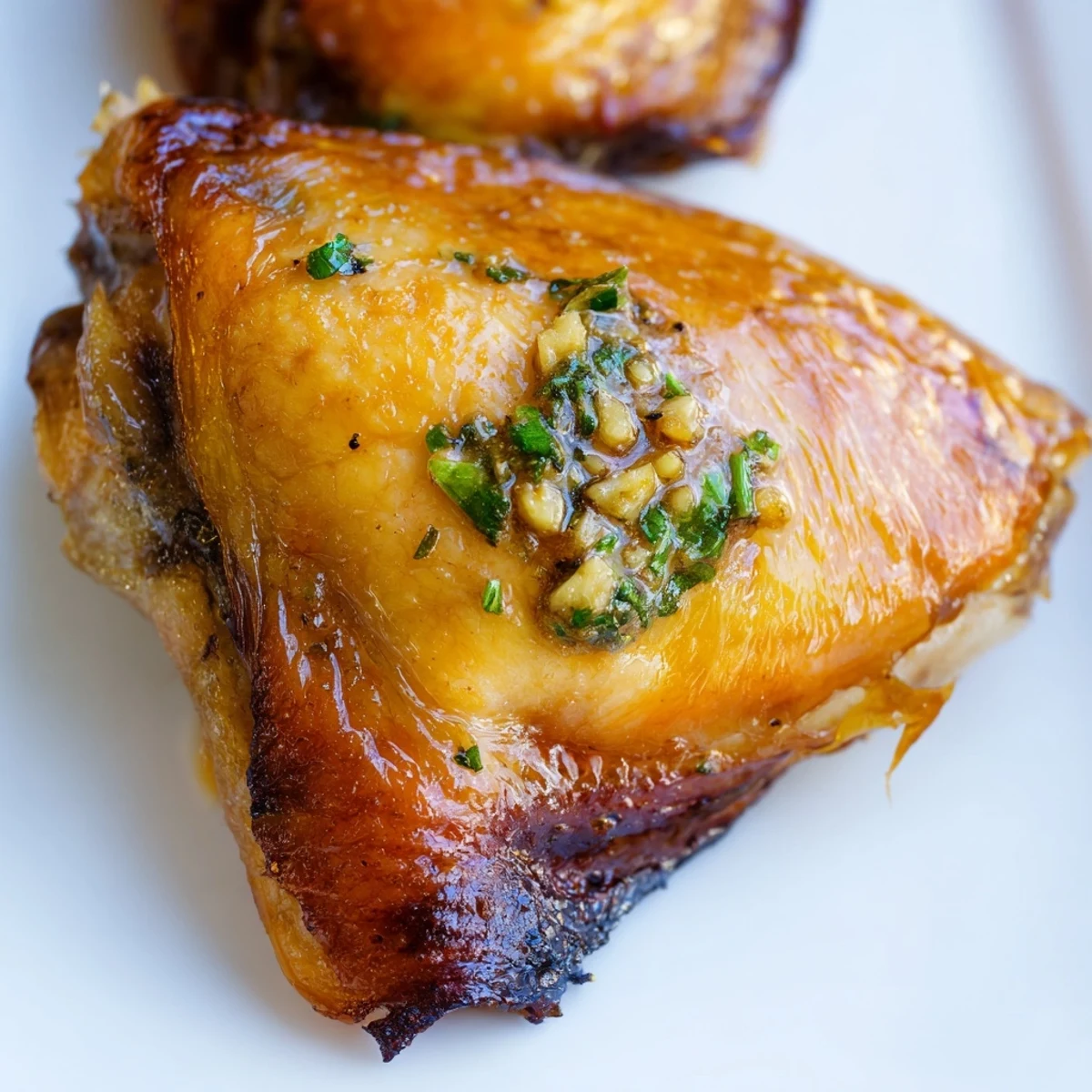 Golden-brown Garlic Butter Chicken Thighs roast in a skillet, surrounded by bubbly garlic butter and fresh herbs.