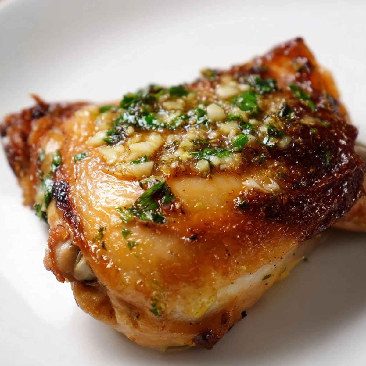 Sizzling Garlic Butter Chicken Thighs emerge from the oven, showcasing juicy meat and aromatic rosemary sprigs in buttery sauce.