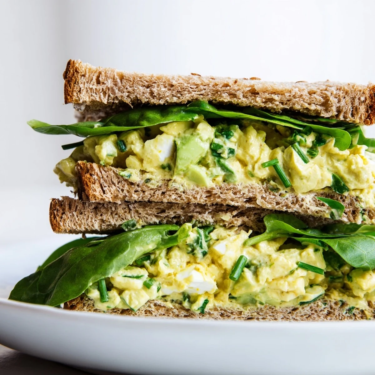 Creamy avocado egg salad sandwich on toasted whole grain bread, layered with fresh spinach and juicy tomato slices.