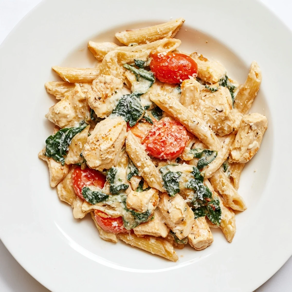 Al dente whole wheat penne tossed in a creamy Greek yogurt chicken pasta, garnished with fresh basil and extra Parmesan cheese.