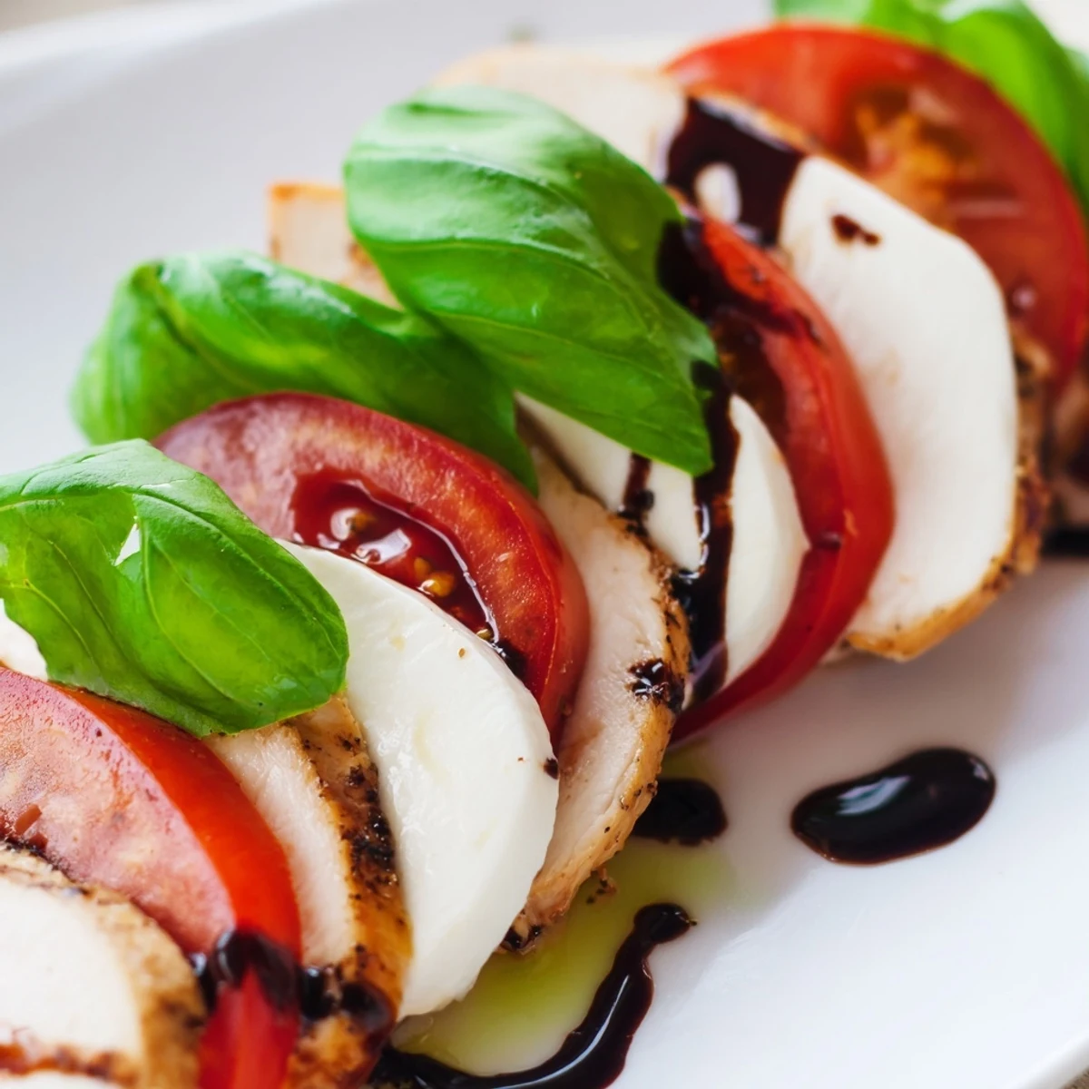 Grilled chicken slices atop fresh mozzarella, juicy tomatoes, and fragrant basil on a platter with a balsamic glaze drizzle.