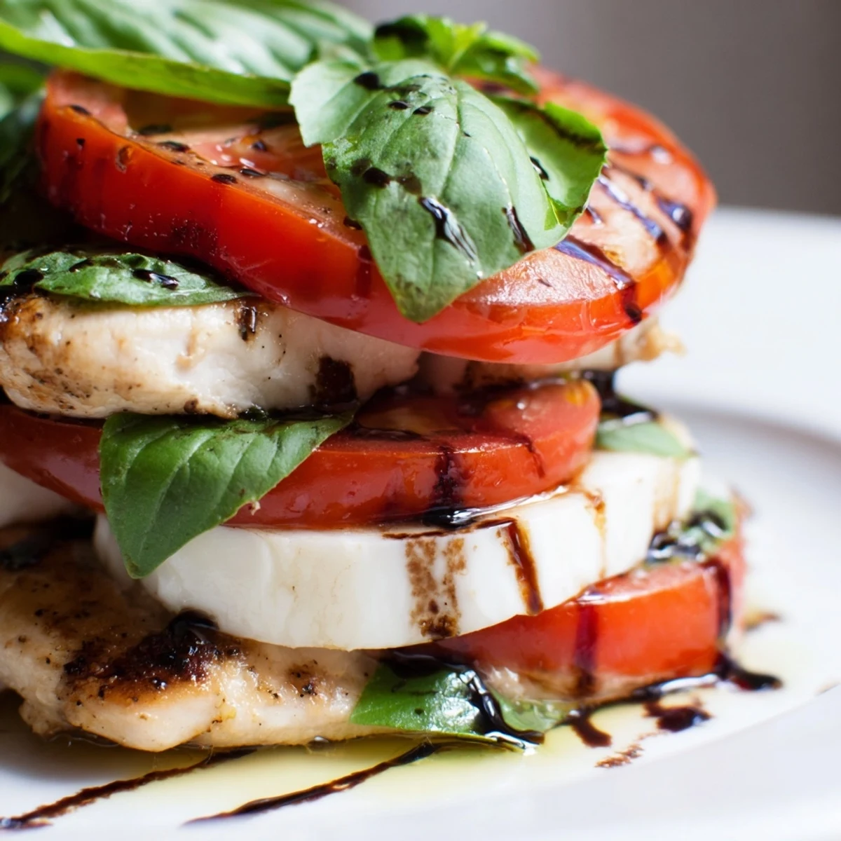 Fresh Chicken Caprese Salad with grilled chicken, cherry tomatoes, mozzarella pearls, and fresh basil leaves finished with balsamic glaze.