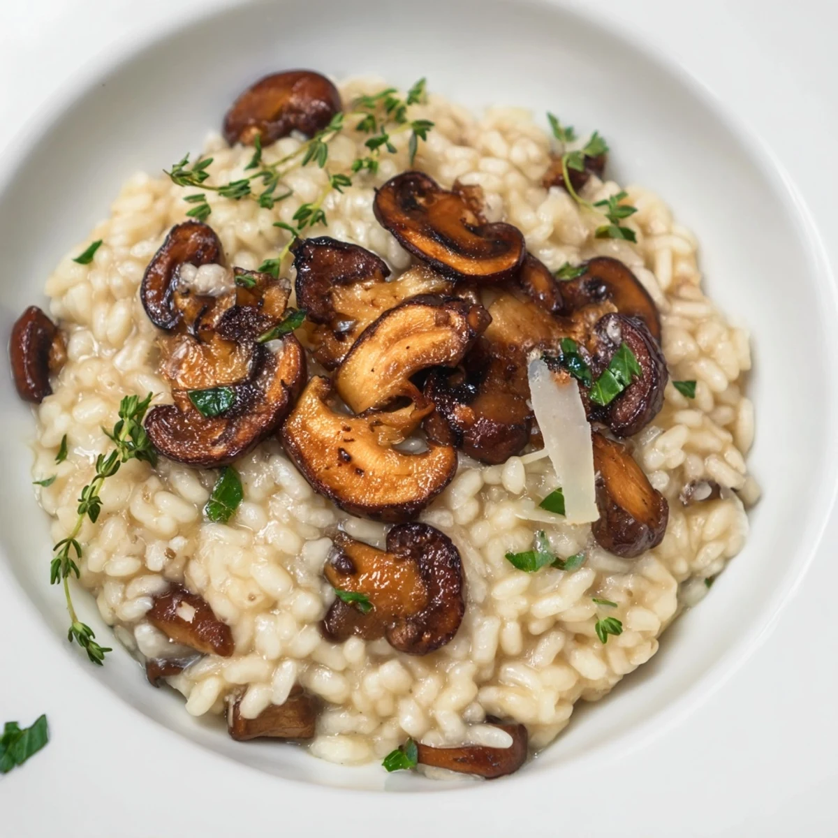 A close-up of creamy Roasted Mushroom Risotto garnished with fresh thyme and extra Parmesan.