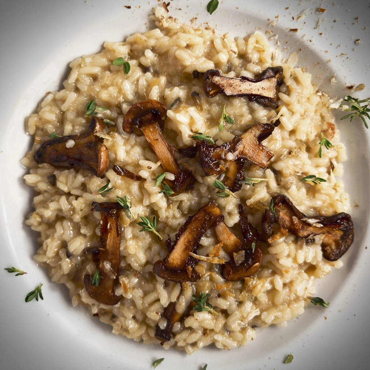 Rich and savory Roasted Mushroom Risotto featuring tender arborio rice and caramelized mushrooms in a white ceramic dish.