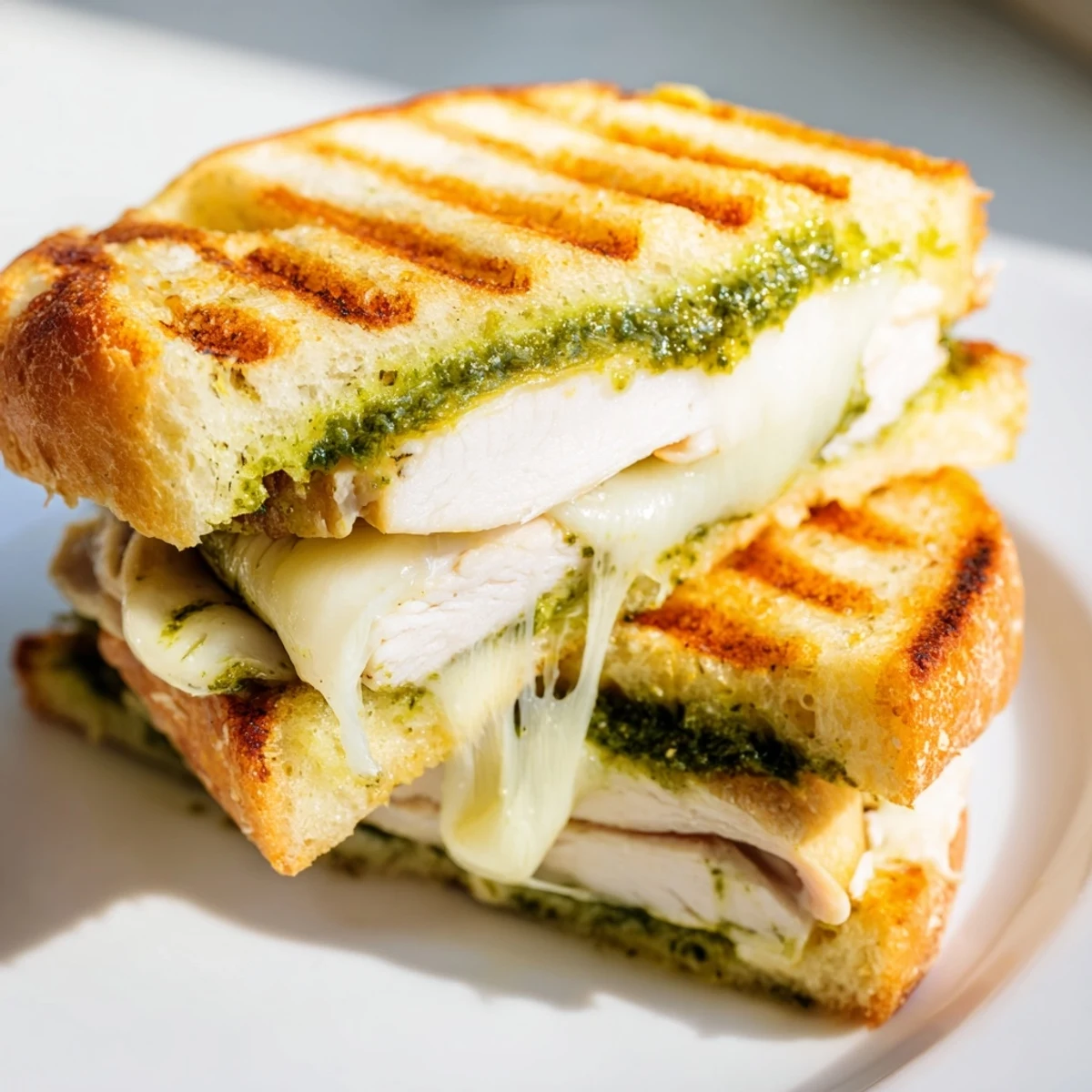 A golden-brown Chicken Pesto Panini on a wooden board, with melted mozzarella oozing from the warm ciabatta bread.