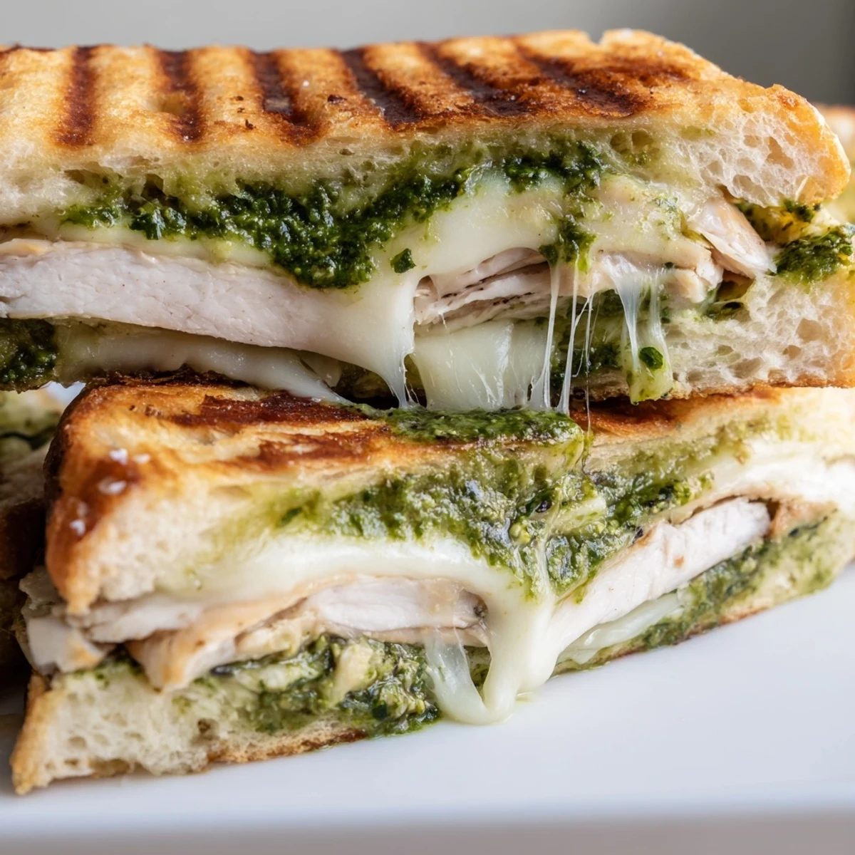 Close-up of a Chicken Pesto Panini, crispy bread crust revealing melted mozzarella and vibrant green pesto inside.