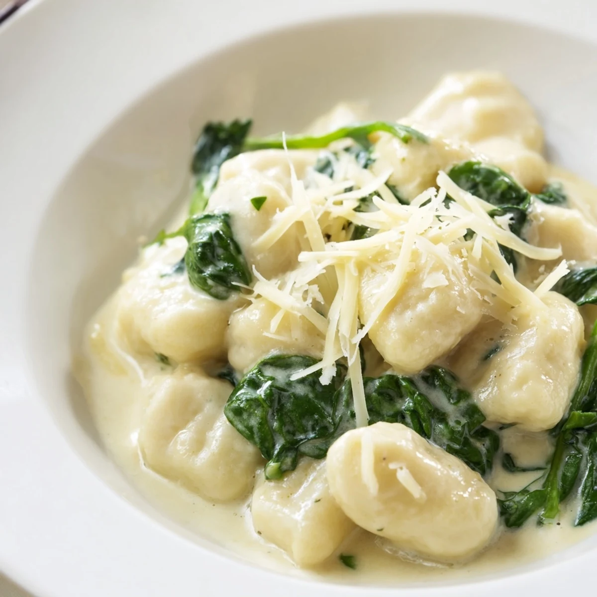 Steaming, creamy garlic gnocchi with wilted fresh spinach and grated Parmesan in a rich sauce, served in a shallow bowl.