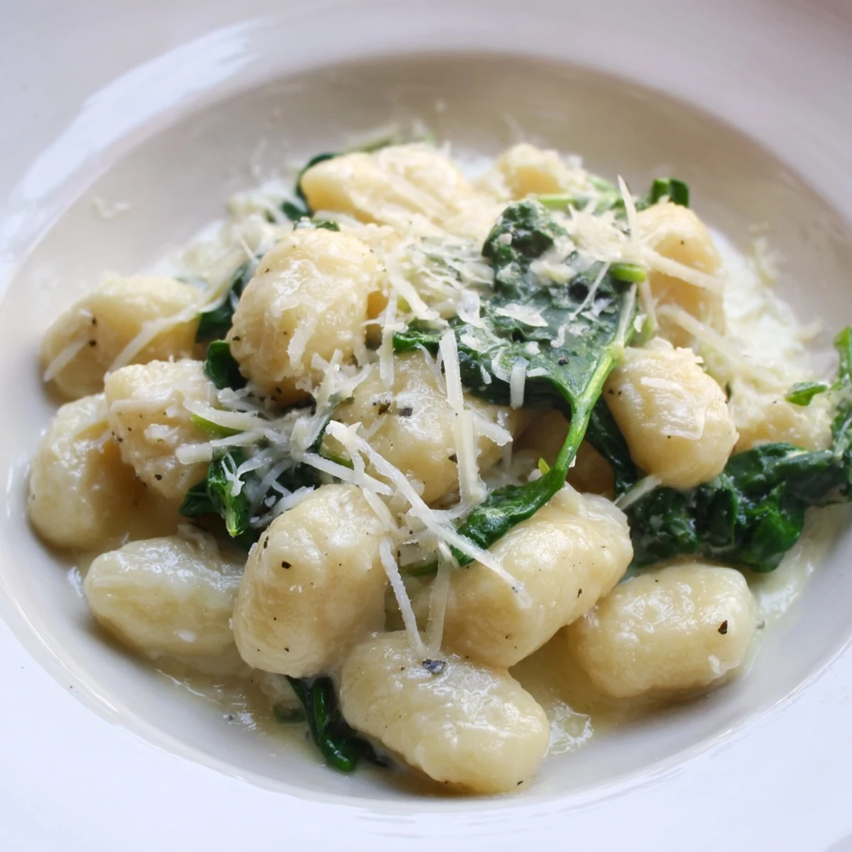 Golden, fork-tender gnocchi in a velvety garlic Parmesan cream, topped with fresh spinach leaves and cracked black pepper for serving.