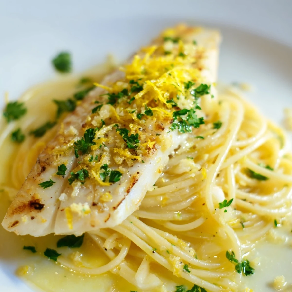Close-up of grilled sea bass fillet resting atop spaghetti coated in a glossy lemon-butter sauce, garnished with fresh parsley and grated Parmesan.