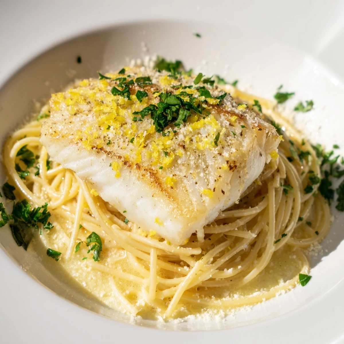 Grilled white fish flaking easily beside spaghetti in a zesty lemon-butter sauce, served with lemon wedges and parsley for a bright finish.