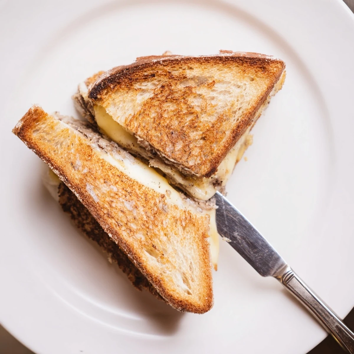 Golden-brown Truffle Grilled Cheese sandwiches rest on a wooden board, with melted Gruyère oozing from between crispy, buttery sourdough slices.