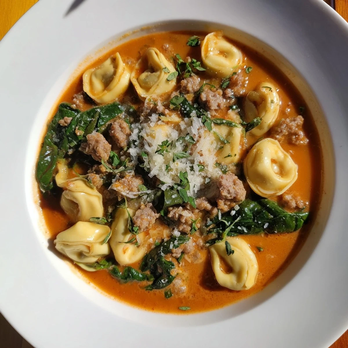 Creamy Tuscan Tortellini Soup with Italian sausage, spinach, and cheese tortellini served steaming in a rustic bowl.