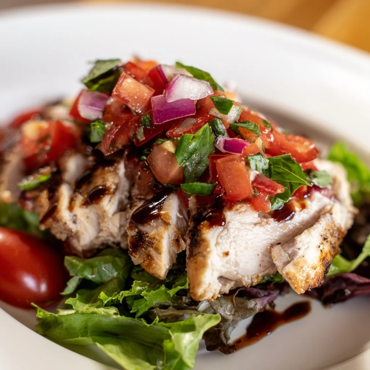 Sliced grilled chicken breast sits atop mixed greens, loaded with a juicy tomato-basil bruschetta topping and shaved Parmesan.