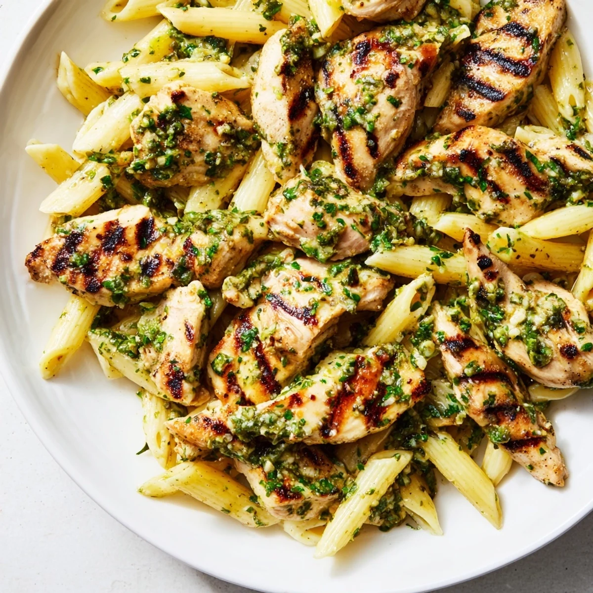 A close-up of Chimichurri Chicken Pasta highlights juicy chicken pieces and vibrant herb-packed oil over al dente noodles.  