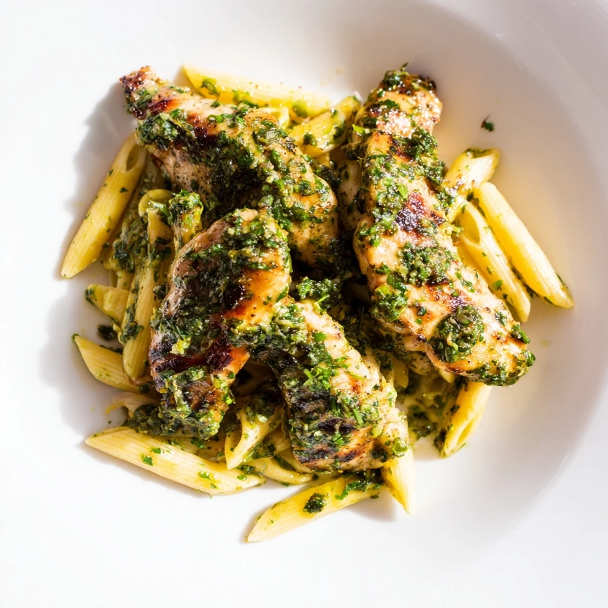 Fresh Chimichurri Chicken Pasta is served with lemon wedges, offering a zesty, aromatic fusion of Italian and Argentinian flavors.
