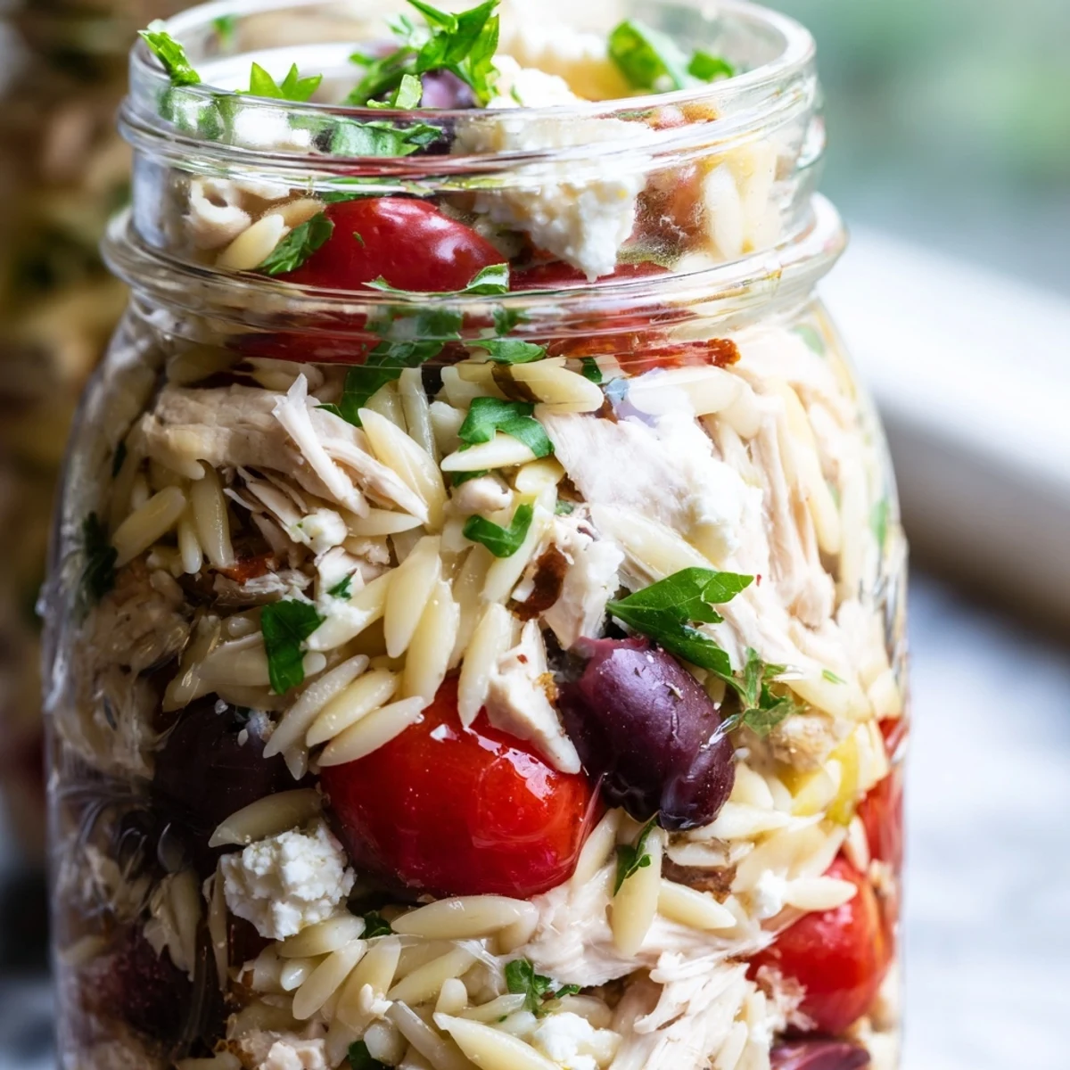 Colorful Greek Pasta Chicken Salad Jars layered with orzo, grilled chicken, tomatoes, cucumbers, olives, and feta cheese.