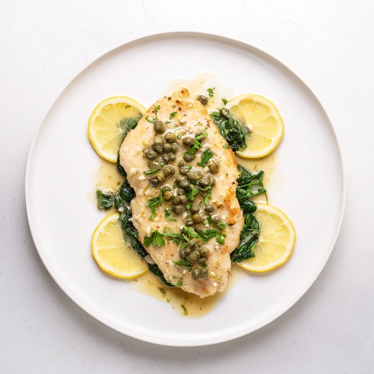 Golden-brown Spinach Lemon Butter Chicken cutlets rest on a bed of vibrant wilted greens, drizzled with glossy lemon butter sauce.