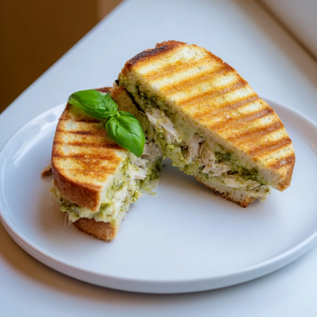 Mozzarella Pesto Chicken Grilled Cheese on a plate, paired with tomato slices and fresh basil garnish.  