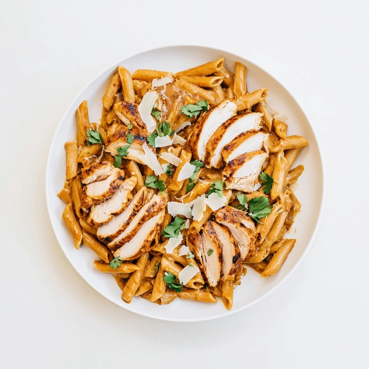 A close-up view of honey chipotle chicken pasta served on a white plate, with steam rising from the rich, glossy sauce.